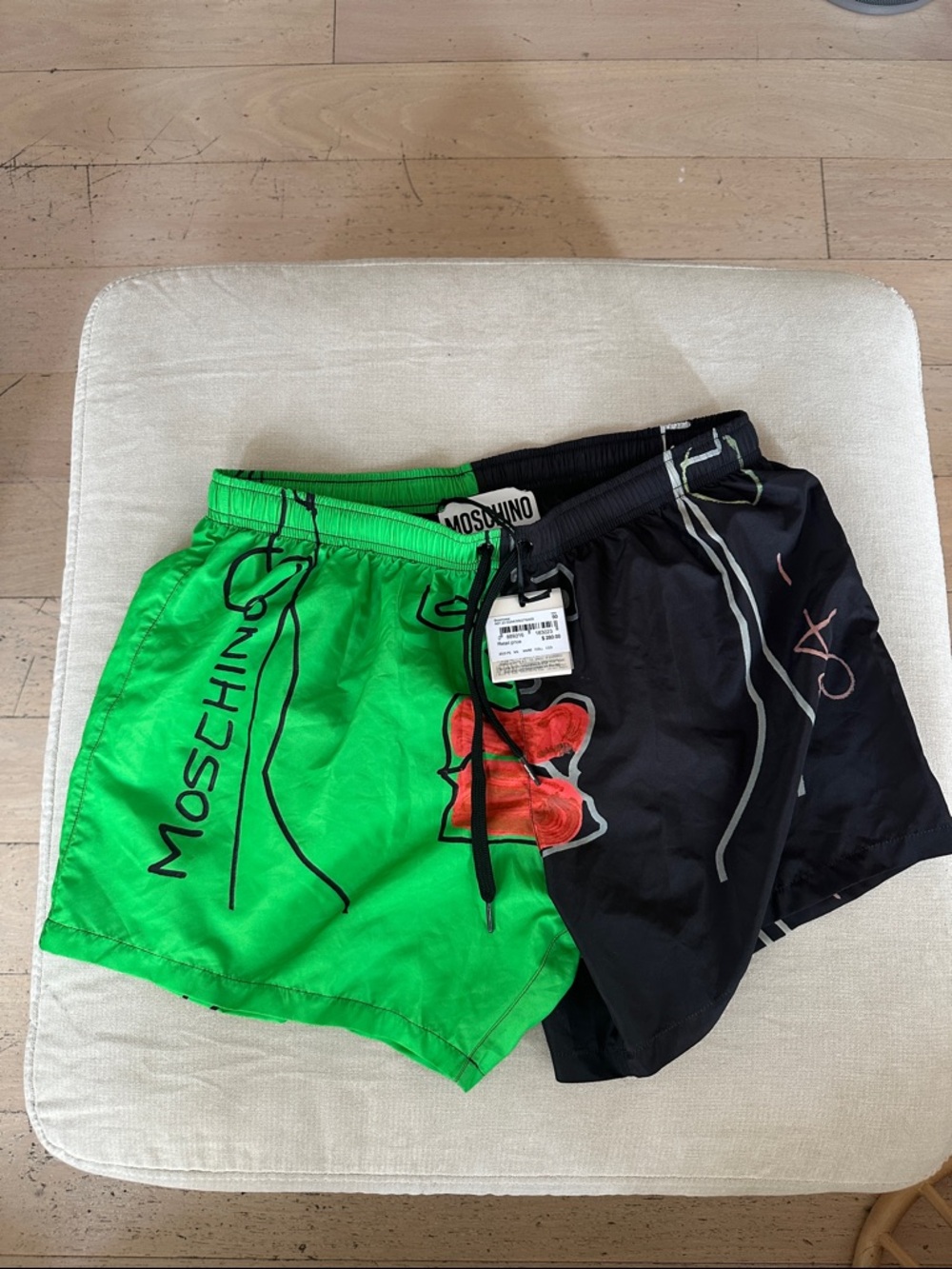 Moschino Green and Black Colorblock Logo Swim Trunks